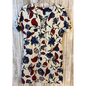Grace Elements Linen Blend‎ Red White Blue Floral Shift Dress - Size Small NWT